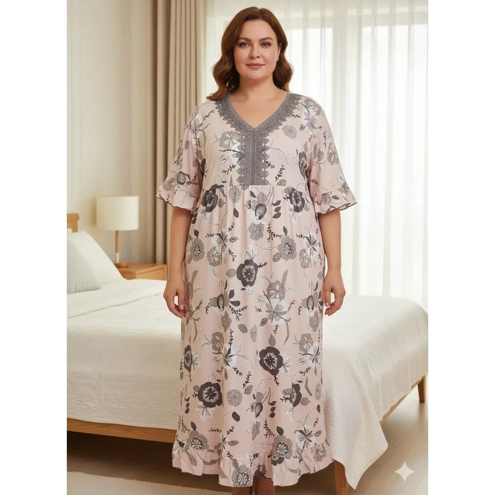 Womens Plus Size 2X Beige Soft Knit Floral Nightgown Short Sleeve Lace Sleepwear